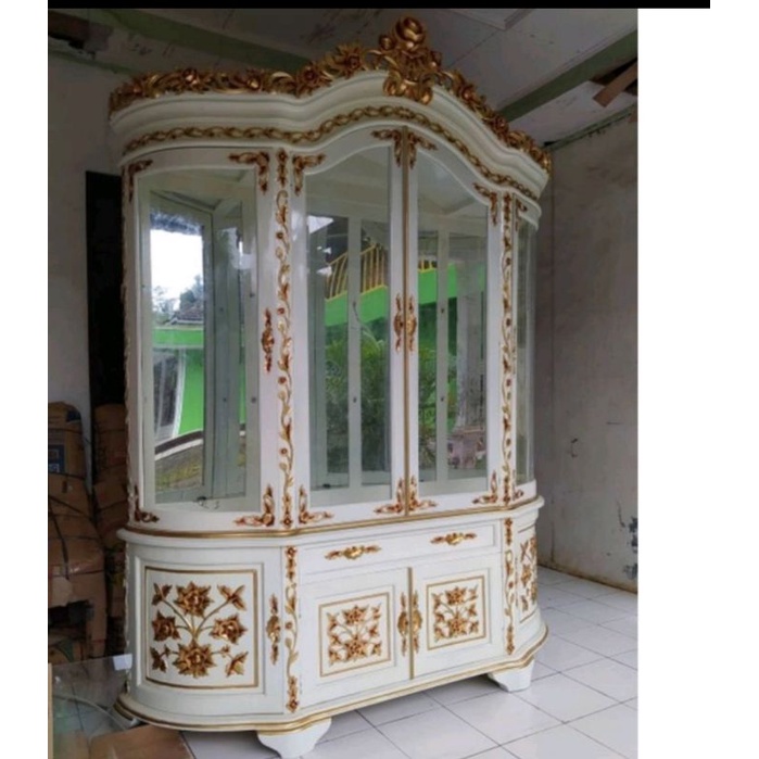 Lemari hias jati 4 pintu/lemari hias kaca paloma/lemari pajangan mewah duko
