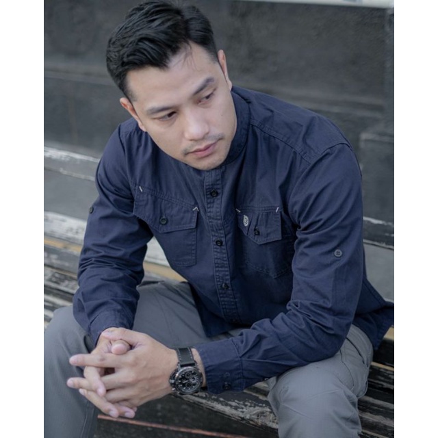 BHIRAMA Kemko Tactical Premium Navy Lengan Panjang Kemeja Koko Pakian Pria