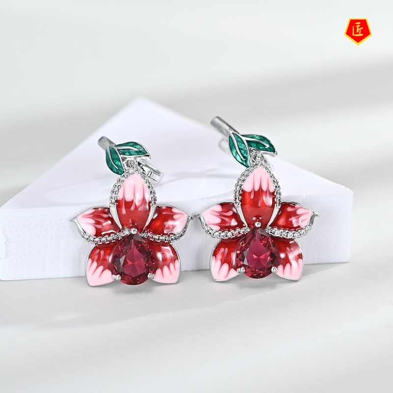 [Ready Stock]Ruby Pink Earring Ring Necklace Set for Women