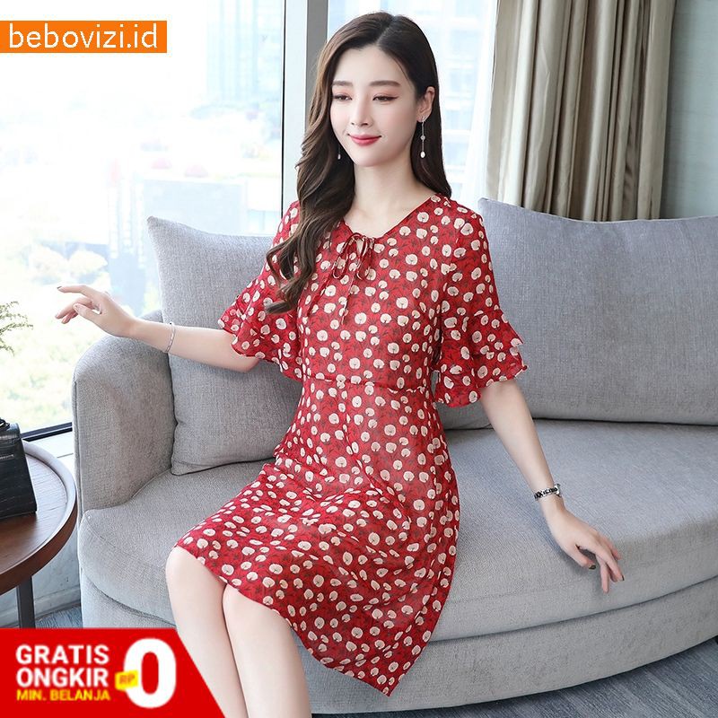Dress Jumbo Midi Casual Wanita Bahan Sifon Motif Floral Dan Bergaya Retro