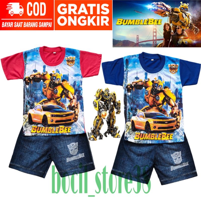 Setelan Baju Kaos Anak Laki Laki Gambar Robot Bumblebee Setelan Baju Kaos Celana Semi Jeans Anak Cow