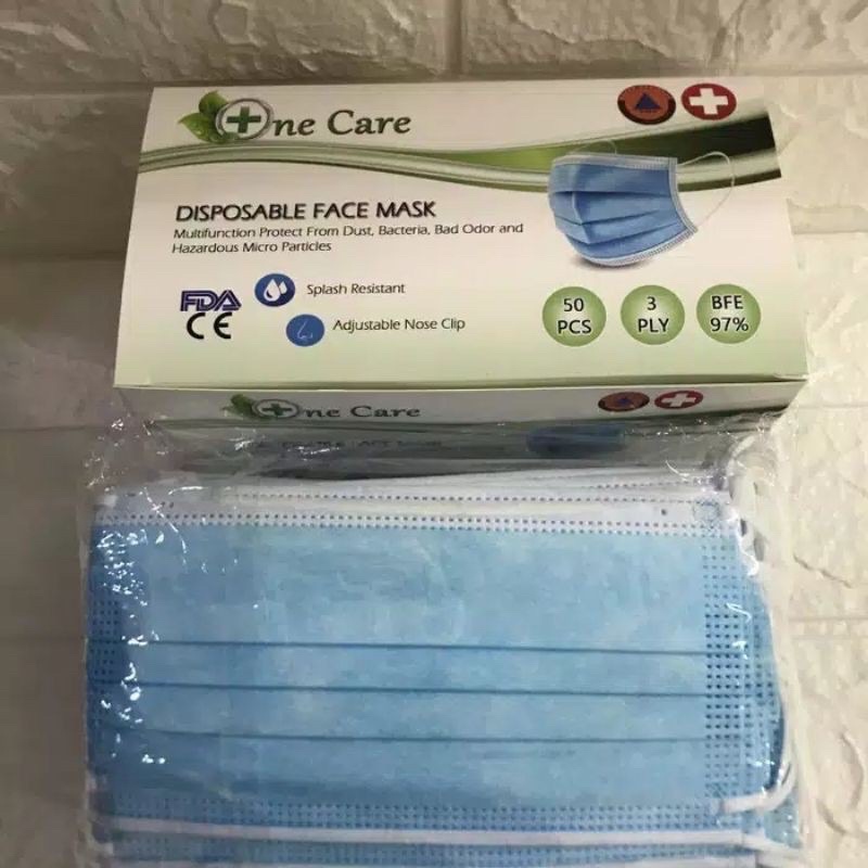 masker 3ply earloop one care isi 50pc kemenkes biru