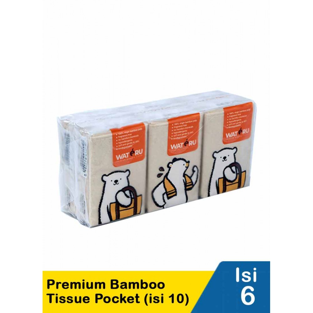 Wateru Natural Premium Bamboo Pocket Tissue / Tisu Bambu - 6 x 10 s