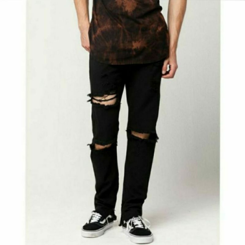 CELANA SOBEK PRIA RIPPED JEANS STANDAR BASIC REGULER ROBEK JINS HITAM GOMBRONG 27-38