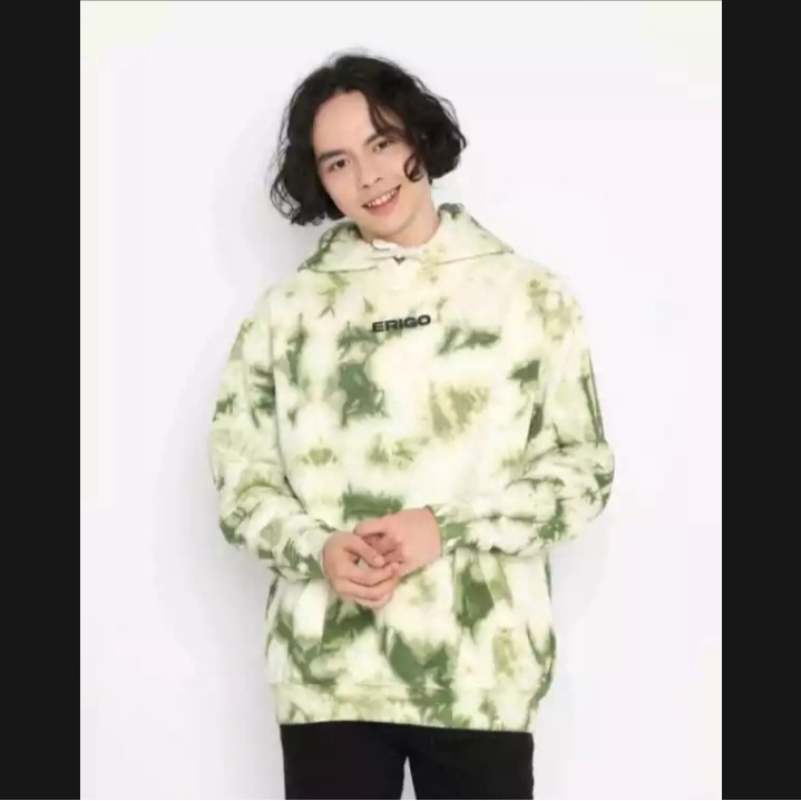 Sweater Hoodie Tie dye Erigo Putih-Green Pria/Wanita Unisex Bahan Fleece Tebal