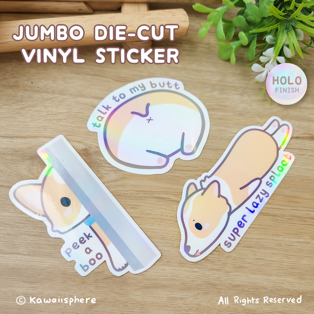 

Purin the Corgi Jumbo Die-Cut Hologram Sticker | Stiker Deco Laptop / Jurnal Vinyl Gambar Anjing Corgi