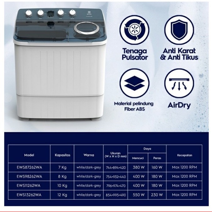 MESIN CUCI ELECTROLUX EWS 11262 WA 10KG EWS11262WA 2 TABUNG GERMAN TECH