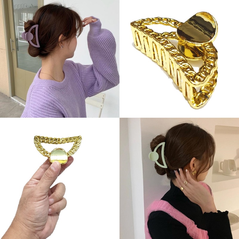 Jepit Rambut Wanita Dewasa Korea Import 9cm JUMBO Warna Emas Motif Rantai Jedai Rantai Bahan Acrylic Hair Claw Clips