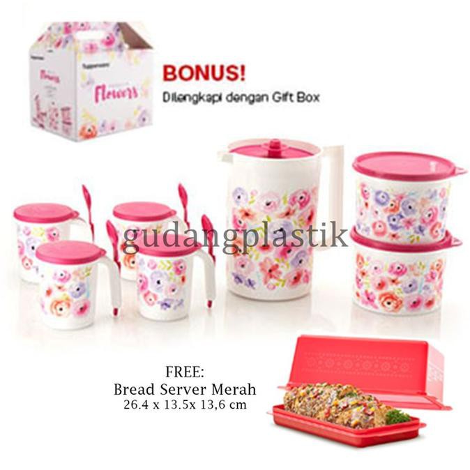 Unik Tupperware Pretty Flower Set Free Bread Server Merah Murah