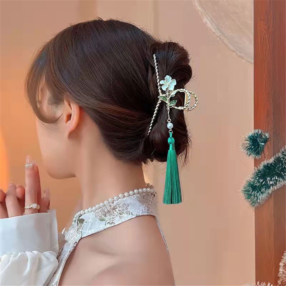 [COD Tangding] Vintage Gaya Cina Bunga Cakar Besar Hiu Klip Wanita Perempuan Elegan Rumbai Jepit Rambut Aksesoris Rambut