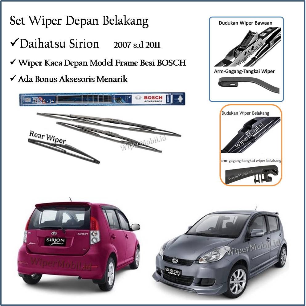 Wiper Kaca Depan Belakang Daihatsu Sirion 2007 2008 2009 2010 2011 Merk Bosch Ori