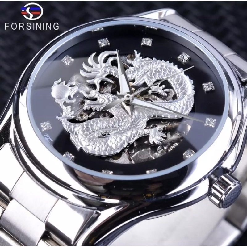 Jam Tangan Mekanik Otomatis Forsining Dragon Stainless Steel Silver Black