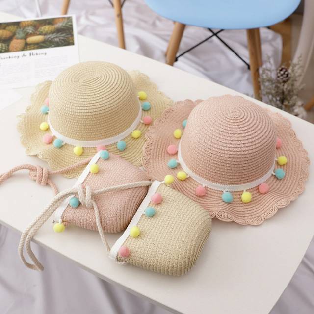 Topi pantai anak anyaman jerami dengan tas/Topi pantai anak/Topi jerami/Topi anyaman