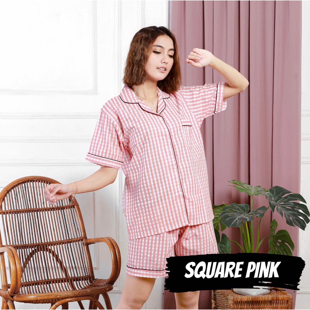 PIYAMA WANITA KATUN GARIS KOTAK POLOS / SQUARE VERTICAL baju tidur pajamas dewasa