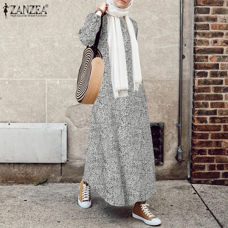 ZANZEA Women Elastic Cuffs Casual Dot Printing Muslim Maxi Dress