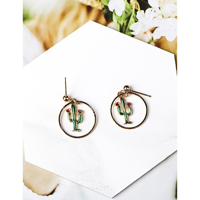 LRC Anting Tusuk Fashion Gold Cartoon Cactus Bonsai Earrings Green D00292