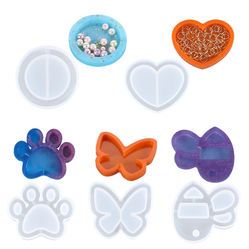 SIY  5 Styles Resin Shaker Molds Set Bee Round Heart Cat's Paw Butterfly Epoxy Quicksand Silicone Keychain Pendant Molds Kit