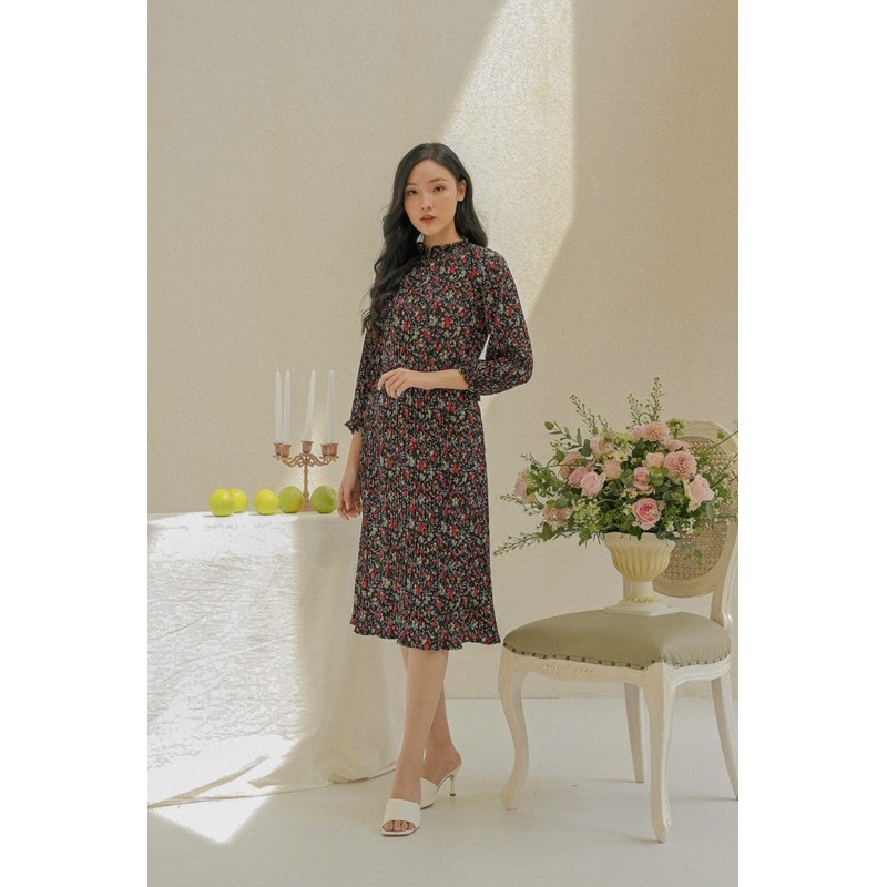 KANON - Reina Floral Pleated Set - Set baju dan rok midi vintage plisket motif bunga