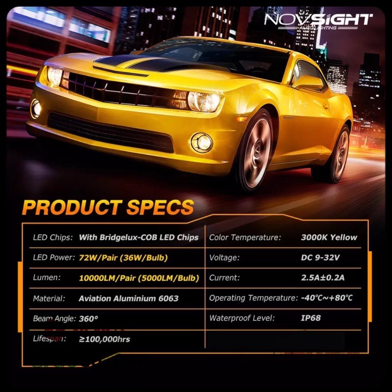 NOVSIGHT N21Y Lampu LED Mobil Kuning 3000K H1 H3 H8 H11 H16 HB3 HB4 Super Terang