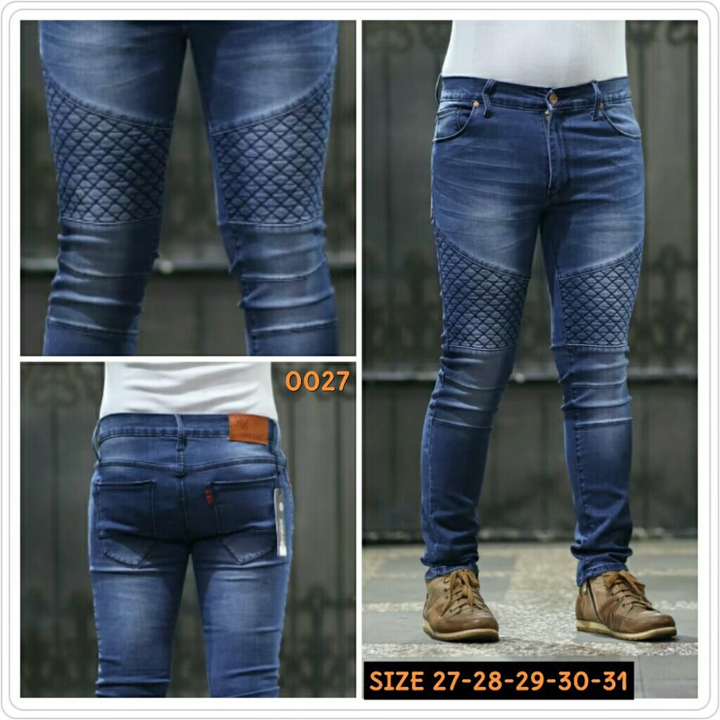 Celana Jeans Pria Skinny Biker Motor Ripped Knee Rips Sobek Robek Black Denim Streact Berkualitas