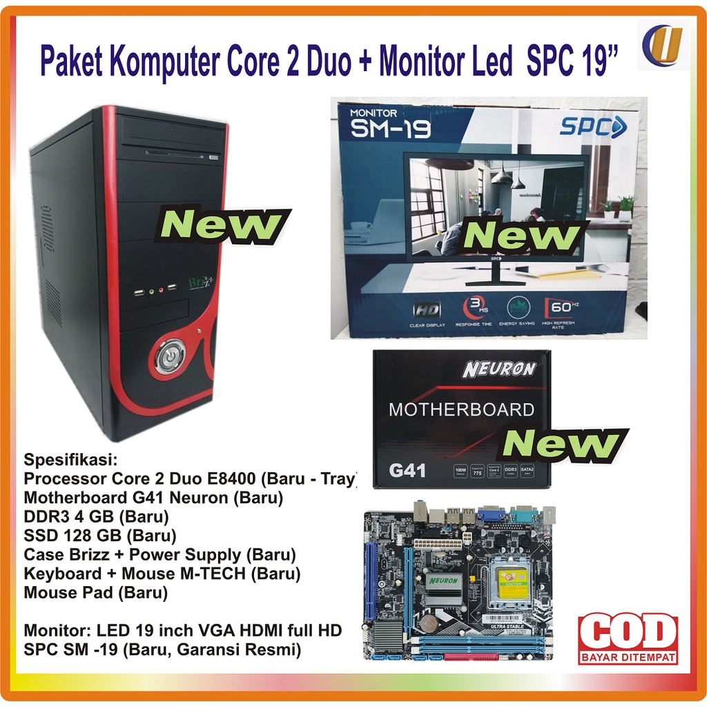 Paket Komputer Core 2 Duo E8400 (Baru) + Monitor LED 19 inch VGA HDMI full HD SPC SM -19 (Baru), Sia