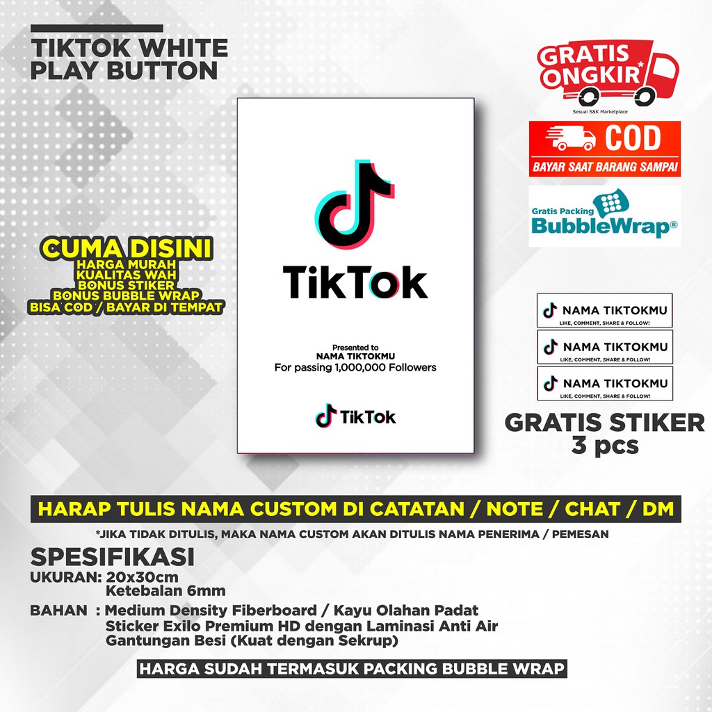 

[BISA COD] TIKT00K WHITE PLAY BUTTON BISA UBAH NAMA KAMU - BONUS STIKER - PACKING BUBLE WRAP HITAM