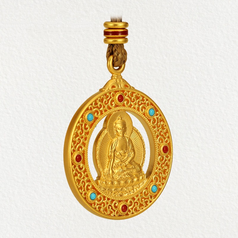 [Ready Stock]Fashion Gold Plated Inlaid Hollow Necklace Avalokitesvara Pendant