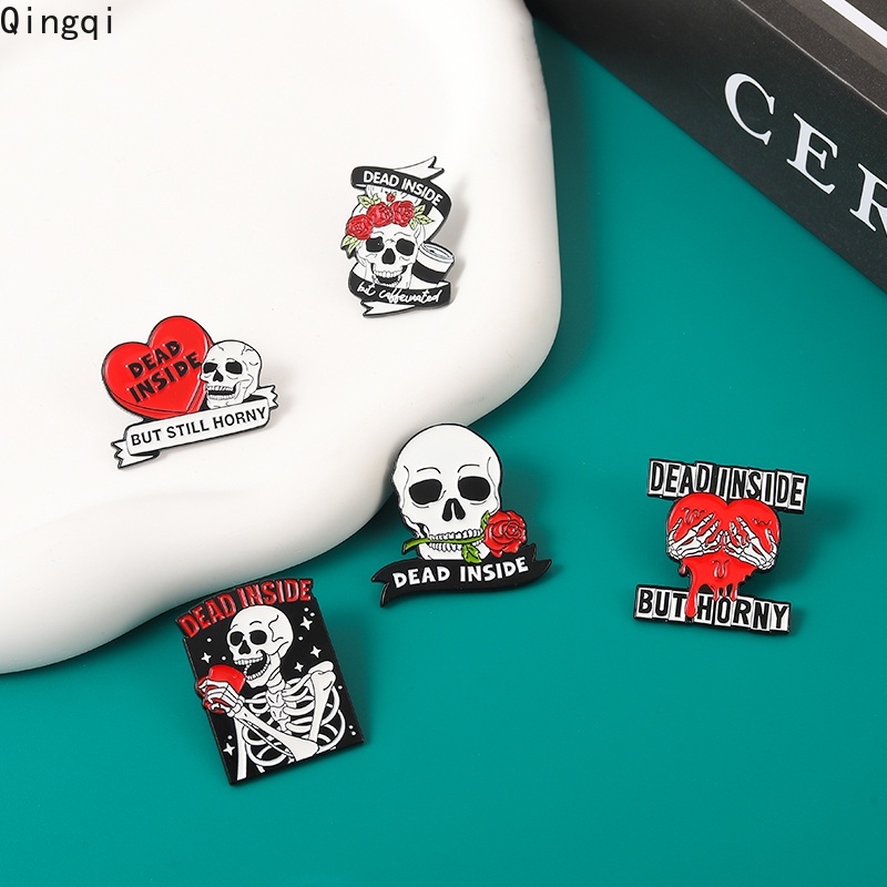 Bros Pin Enamel Bentuk Tengkorak Bunga Hati Merah Gaya Punk Untuk Pria Dan Wanita