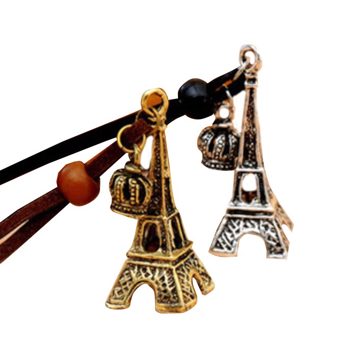 kalung menara Eiffel / vintage Eiffel Tower Crown leather cord (2J2) JKA021