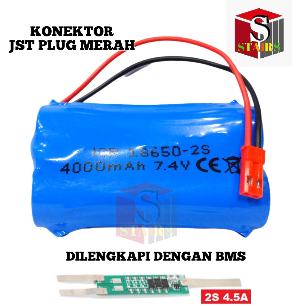 Baterai Speaker Bluetooth/ Baterai RC &amp; Elektronik Lainnya 2x 18650-2S 4000mAh 7.4V Protektor BMS 4.5A Konektor JST PLUG MERAH