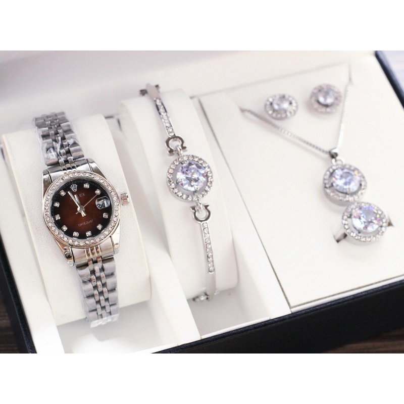 [BISACOD] JAM TANGAN WANITA CEWEK ROLEX GIFTSET KALUNG ANTING CINCIN GELANG KADO SET CEWEK MURAH TER