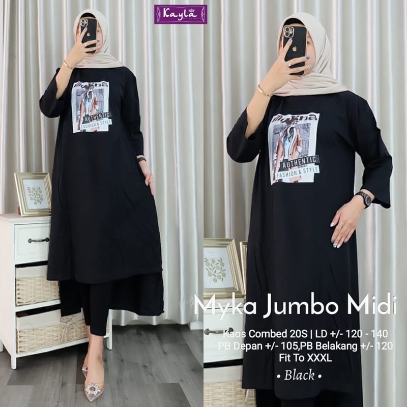 Myka Midi Dress Muslim Gamis Combed Aplikasi Sablon Baju Kaos Wanita Jumbo Ootd Kekinian Korean Style