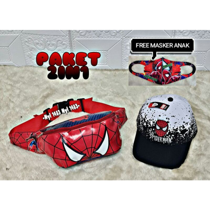 2in1 FREE MASKER waist bag anak spiderman topi anak spiderman tas selempang anak topi anak COD