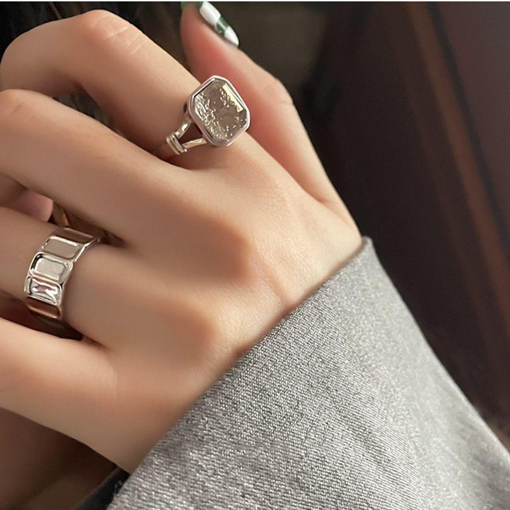 Mxbeauty Korea Cincin Untuk Wanita Pria Fashion Persegi Hadiah Valentine Jari Perhiasan Warna Perak Unisex Hip Hop Adjustable Ring