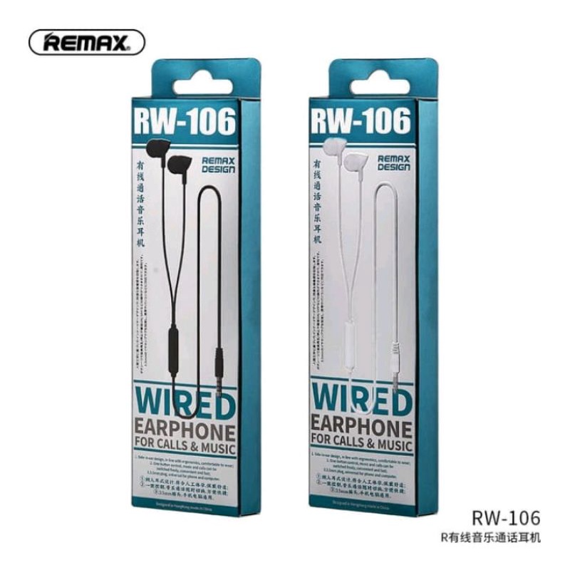 Remax Wired Earphone Type RW-106 / Remax Wired Earphone For Calls &amp; Music / Remax Earphone