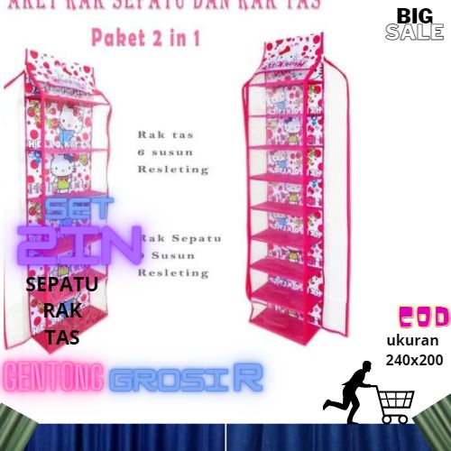 [2in1 Set] Rak Sepatu+Rak Tas Susun Gantung Motif Karakter 2in 1