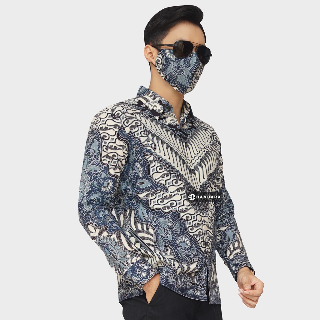 Baju Kemeja Batik Pria Lengan Panjang Slim Fit Premium Modern Full Furing Katun Halus Original Handara Motif Megawarna Steel Blue Biru Abu-Abu HB-264