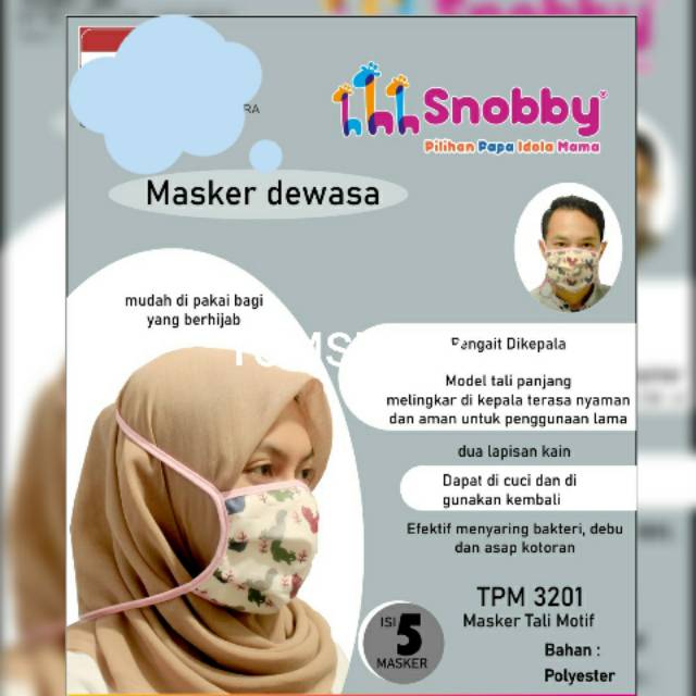 SNOBBY 1pcs Masker Kain Corona / Masker Murah / Masker Cuci / Masker Jilbab / Masker Tali Motif