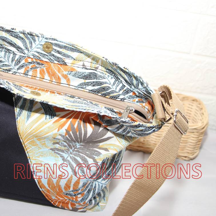 RIENS COLLECTIONS. TAS SELEMPANG SLING BAG KANVAS KOMBINASI FLORAL PALM ORANGE SLC0102