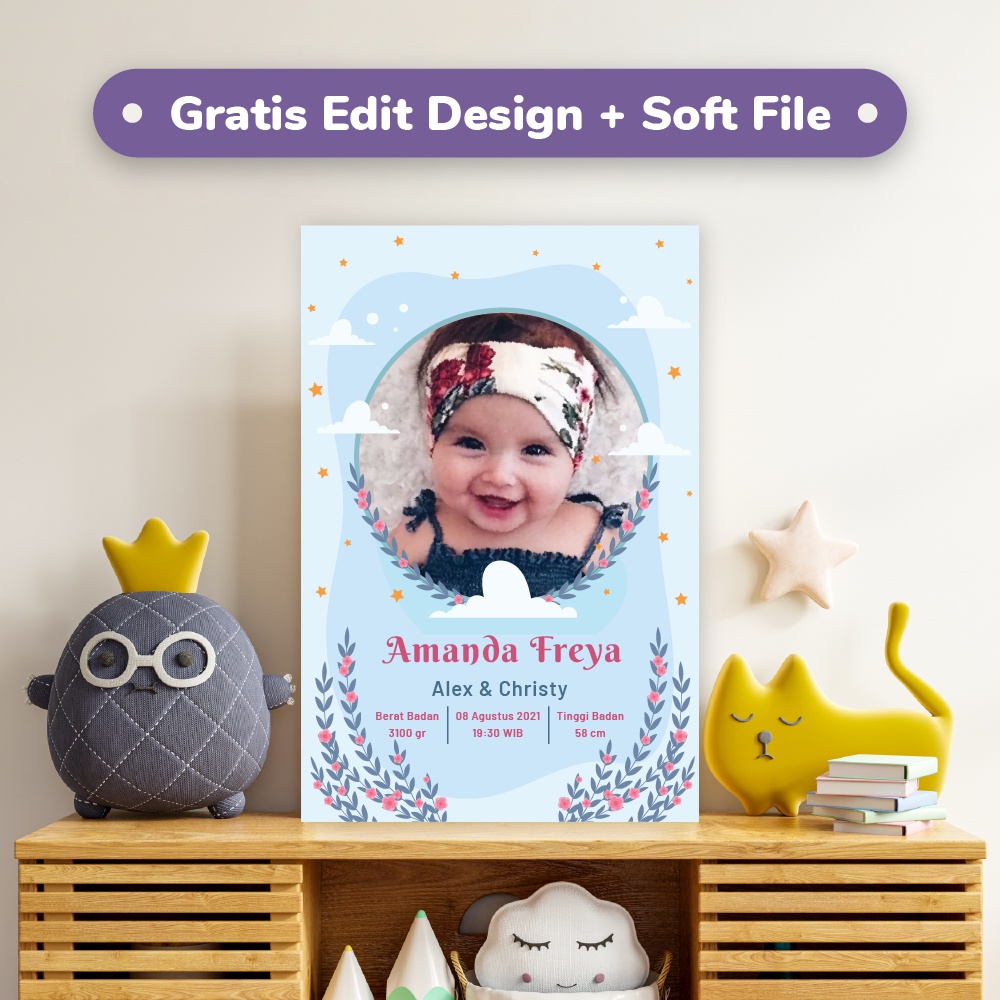 Hiasan Dinding Dekorasi Dinding Biodata Anak Bayi Perempuan Custom Kamar Tidur Bayi Cewek Kado Hadia