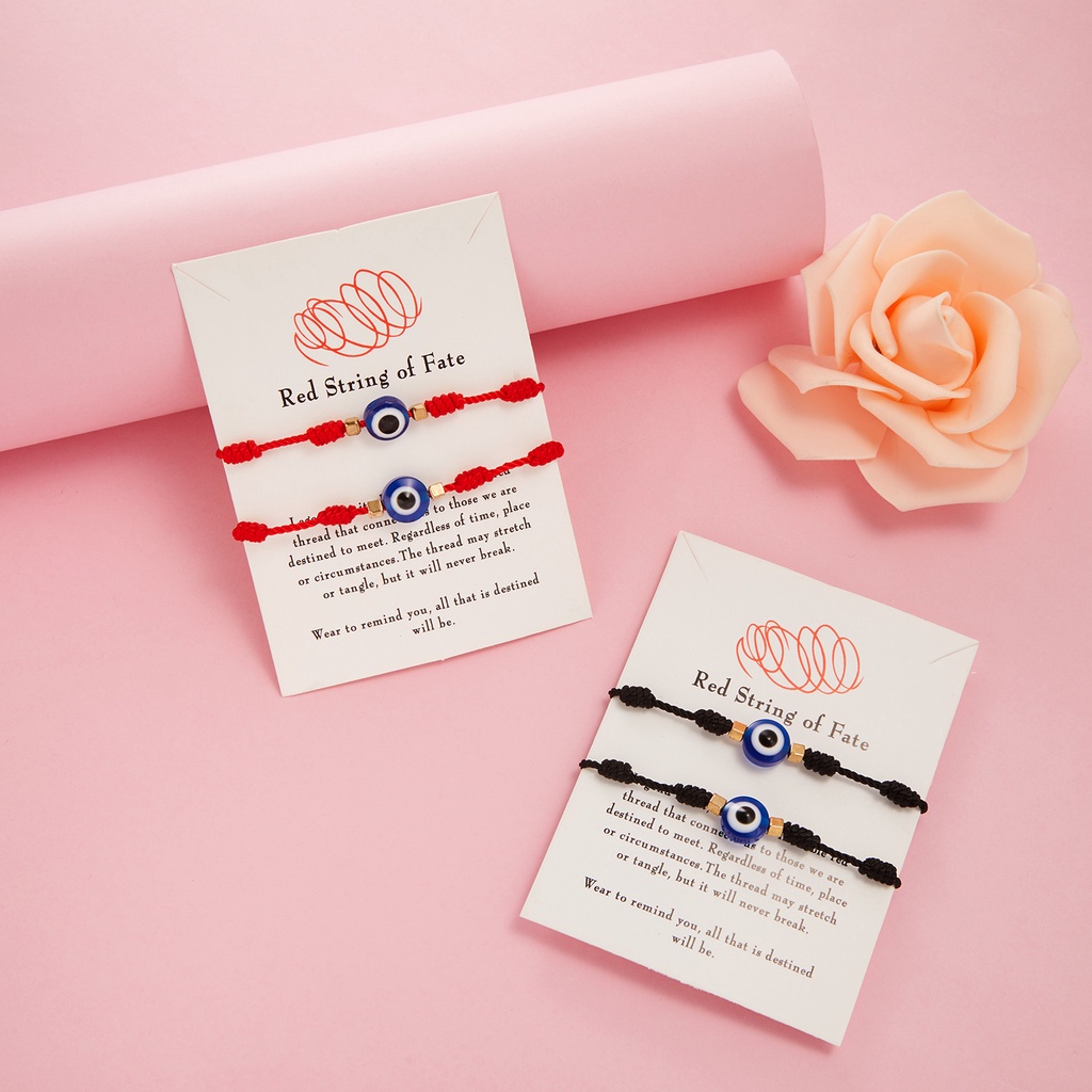 Black and red mixed color blue eyes 2 pack Red string of fate 7 knot eyes black and red rope lucky friendship woven adjustable paper card bracelet