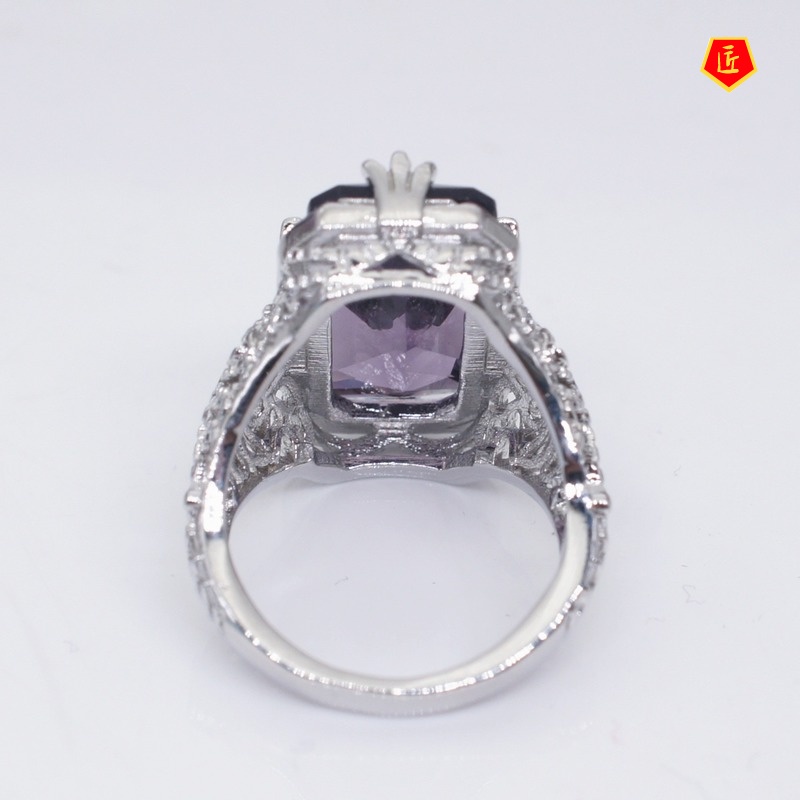 [Ready Stock]Fashion Personality Inlaid Chamfered Rectangular Amethyst Ring Exquisite