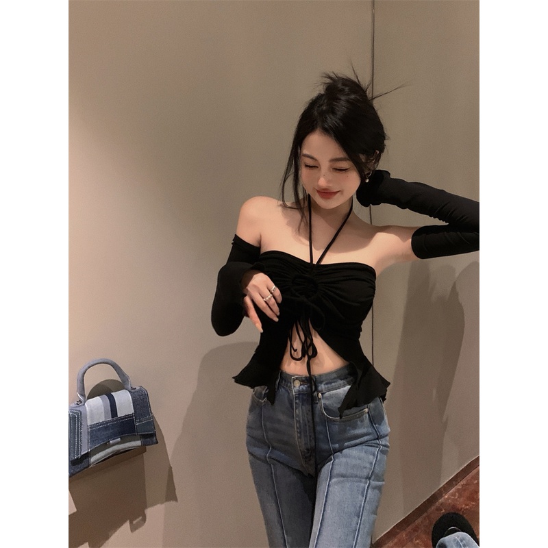 Suhao one-shoulder halter neck T-shirt wanita lengan panjang hitam seksi crop top ketat