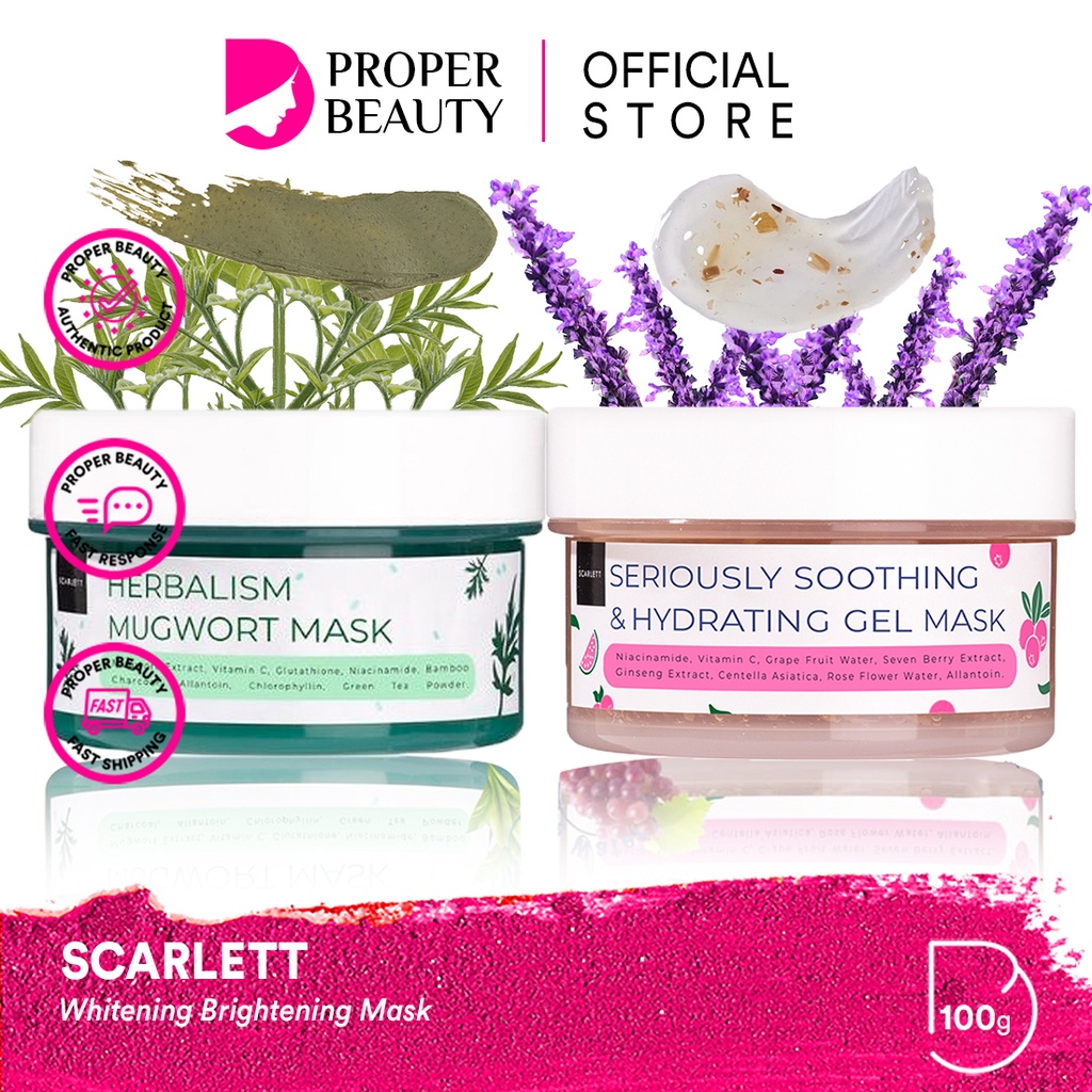 SCARLETT Whitening Mask Indonesia / Herbalism Mugwort Seriously Soothing &amp; Hydrating Gel Masker Facial Wash Essence Toner Serum Ampoule Day Night Cream Sunscreen Body Shower Scrub Lotion Shampoo Conditioner / Brightly Ever After Acne Paket Mini Full Set