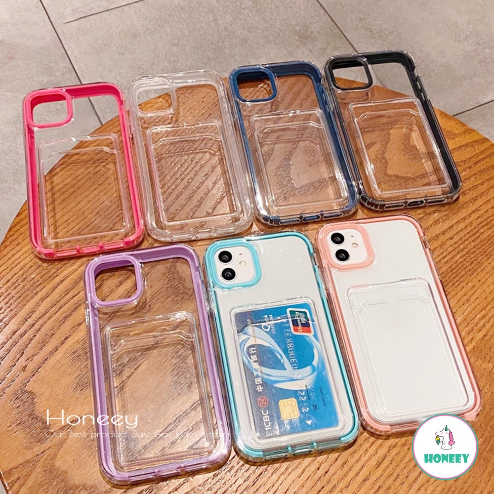 3 In 1 Luxury Candy Color Card Holder Removable Frame Clear Phone Case compatible for IPhone 14 13 12 11 Pro Max X Xs Xr 8 7 Plus Soft TPU Back Cover