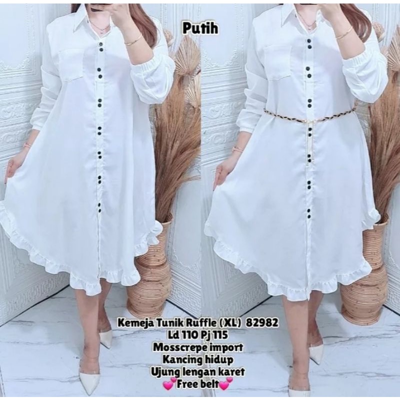 Kemeja Tunik Ruffle Allsize fit to XL (FREE BELT)// Tunik Wanita Terbaru Full Kancing// Bahan Itycrepe Lembut Ellegant// Bisa Bayar Ditempat