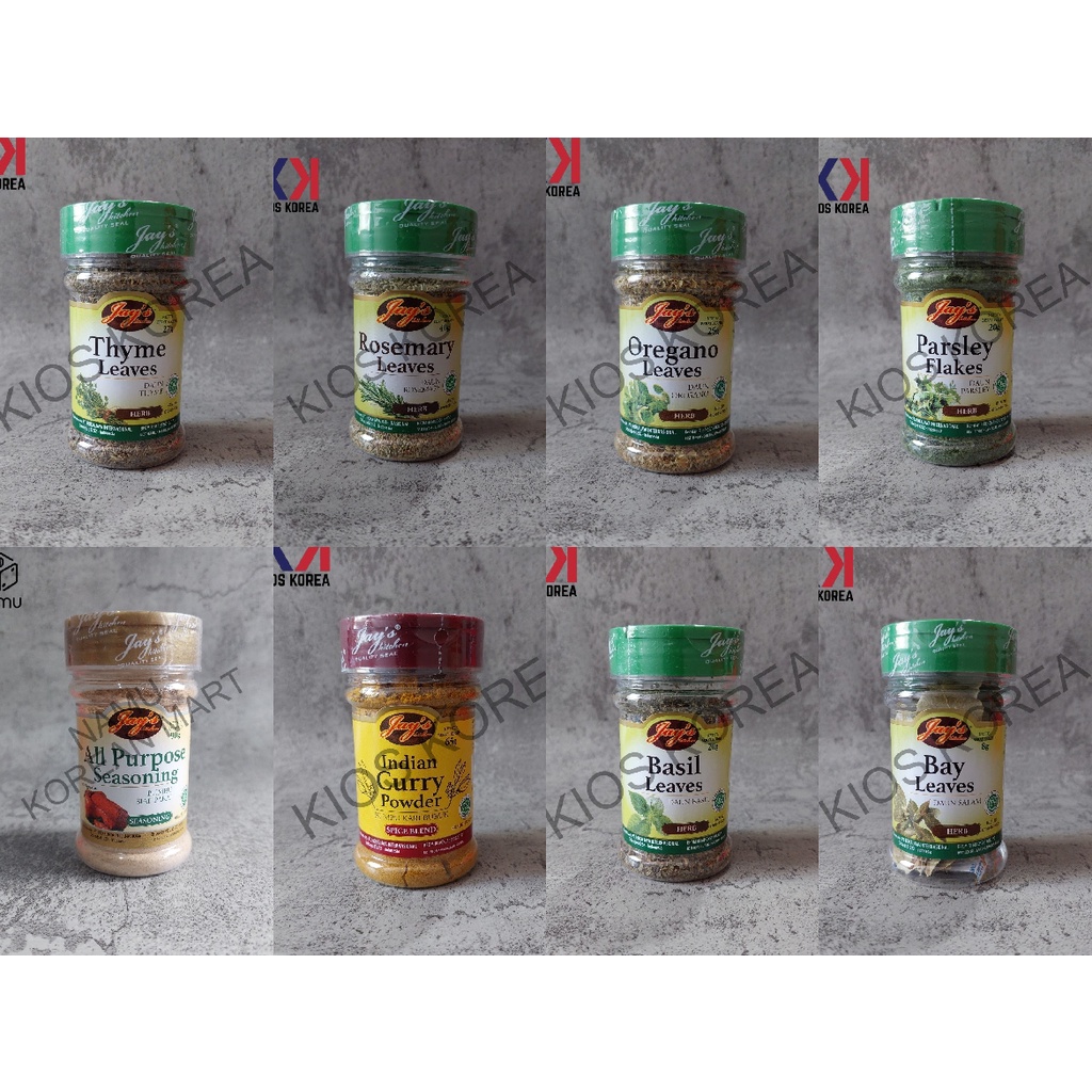 

Jay's Thyme / Rosemary / Oregano / Basil / Parsley / Bay / Indian Curry / Chicken Powder / Beef Powder / All Purpose Seasoning / Bumbu Masak Instan / Bumbu Rempah Instan