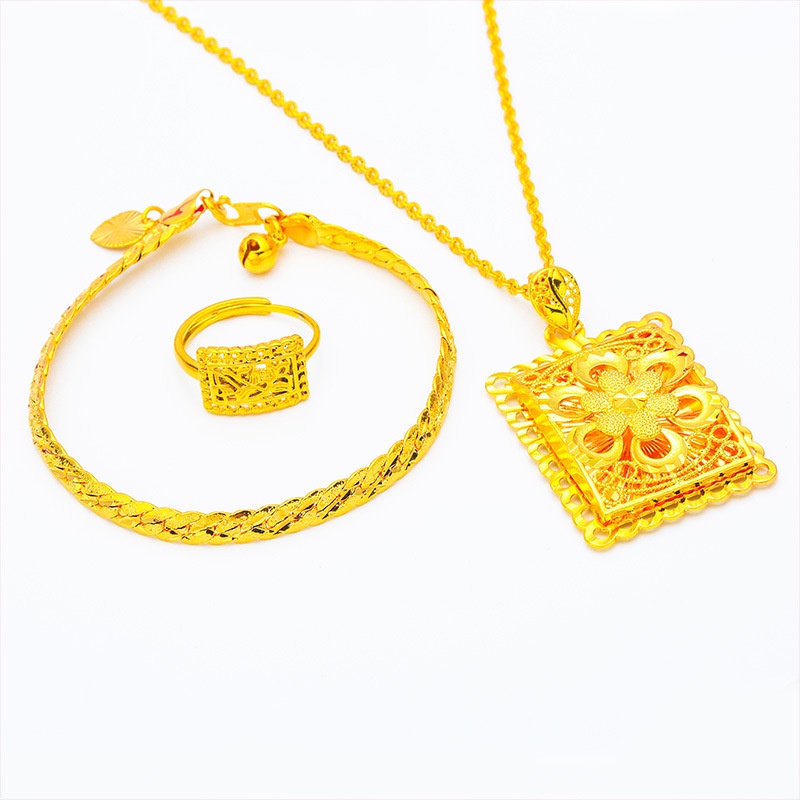 Goldkingdom Perhiasan Fashion 24K Bangkok Aksesoris Ready Stock Minimalis Persegi Merek Dermawan Adjustable Cincin Kalung Set Baru