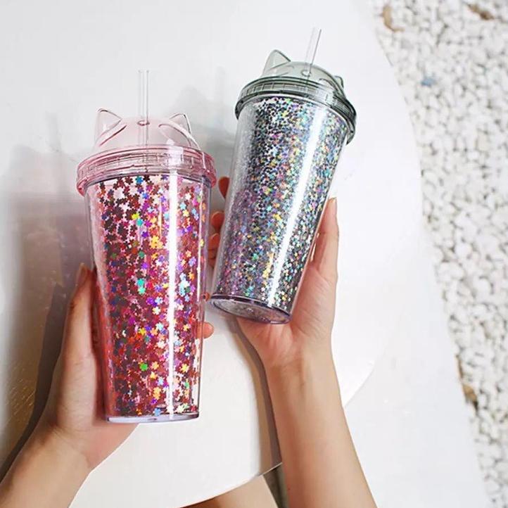 Terjangkau clearance BPA  girlwill glitter tumbler / tumbler lucu dengan sedotan / tumbler plastik /