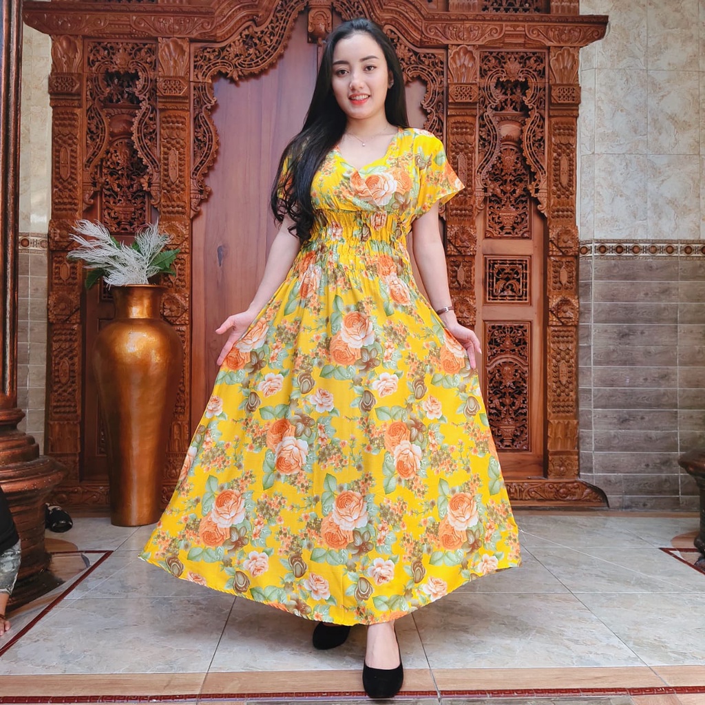 DASTER MOZA PRINT | BALI LONGDRESS-OLIV MUSTARD